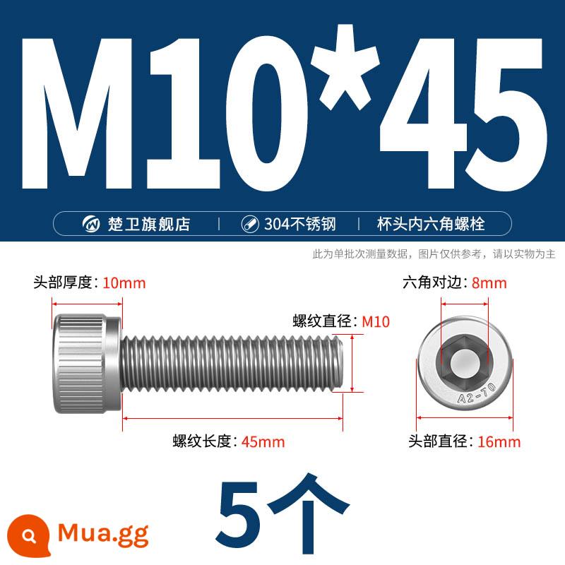 Thép không gỉ 304 cốc đầu lục giác vít đầu trụ vít nối dài 10mm bu lông M2M3M4M5M6M8 - M10*45 (5 cái)