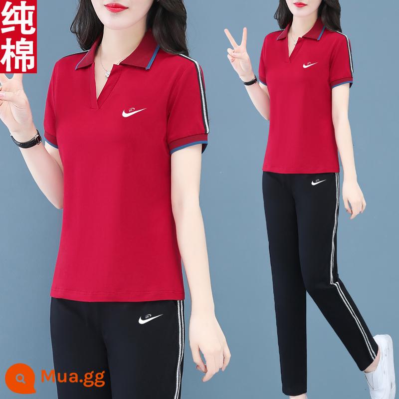 Trang web chính thức quần áo thể thao có ve áo phù hợp với phụ nữ mùa hè 2023 mới cotton slim quần ngắn tay giản dị hai mảnh - rượu vang đỏ