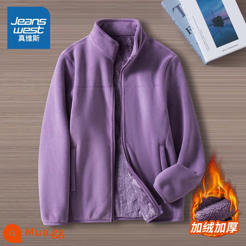 Áo khoác nhung cừu Jeanswest dành cho nữ trong mùa thu đông nhung dày 2 mặt cardigan của cặp đôi áo khoác lông cừu lót chữ T cotton dày - Màu tím nữ