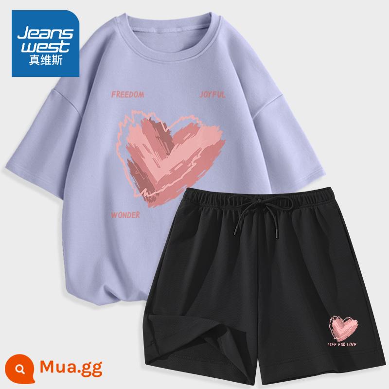 Bộ đồ thể thao Jeanswest mùa hè nữ mùa hè 2023 cotton mới ngắn tay băng lụa quần short giản dị PC hai mảnh - Màu xanh nhạt (tình yêu lộn xộn) + quần đen (quần tình yêu lộn xộn phía trước bên trái)