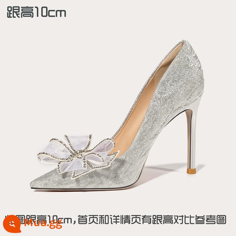 Lily Wei [Pounding] Pháp cao gót giày cưới stiletto mũi nhọn giày cô dâu giày nơ mùa hè - Bạc [chiều cao gót 10 cm]