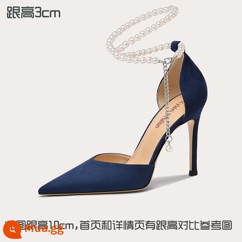 Lily Wei2023 giày cao gót ngọc trai mùa hè size lớn 40-43 gót đẹp 41 xăng đan nữ size nhỏ 313233 Baotou - Xanh navy [cao gót 3cm]