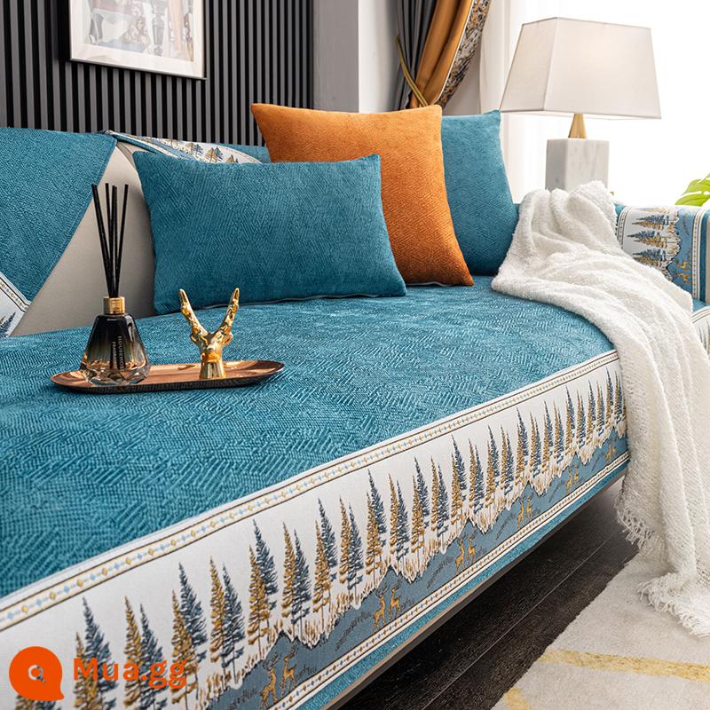 Phong cách Mỹ ánh sáng sang trọng sofa đệm chenille hiện đại đệm cao cấp bốn mùa phổ quát da chống trượt bao gồm khăn vải - YY-Linglong-Hồ Xanh