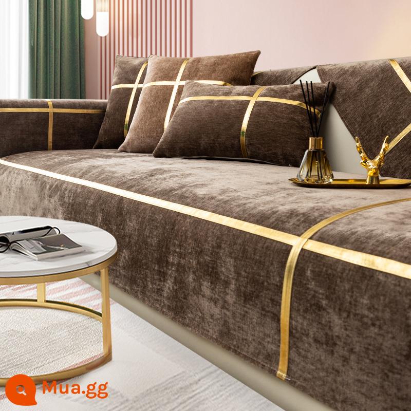 Mùa đông chenille màu hồng sofa đệm ánh sáng sang trọng bốn mùa phổ chống trượt hiện đại tối giản bọc da bao vải - BBG-Lửa xanh-Vàng viền-Nâu đậm