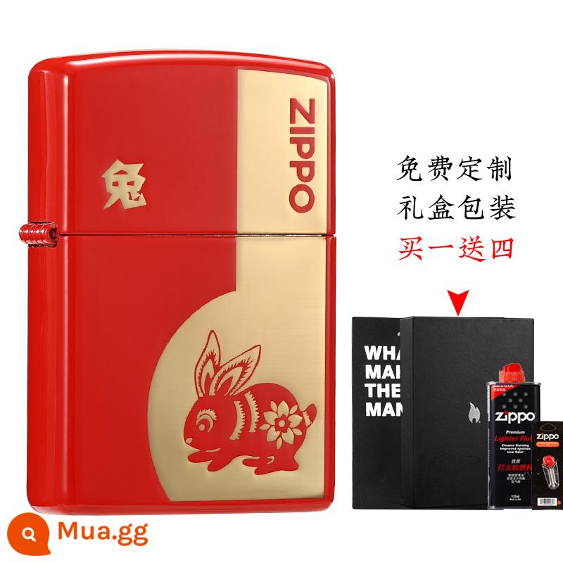 Bật lửa Zippo chính hãng chính hãng đích thực hạm mười hai cung hoàng đạo thỏ năm chống gió dầu hỏa nam bộ sưu tập quà tặng - Thỏ Sơn Đỏ-[Mẫu Hộp Quà Màu Đỏ]