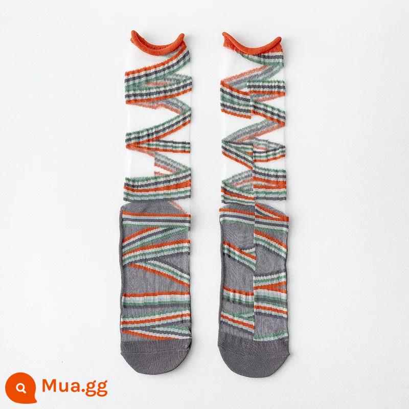 CrazySox tất nghệ thuật mới của Pháp dành cho nữ, tất thủy tinh bất đối xứng mỏng AB, tất dài đến giữa bắp chân cho nữ - Chấm bi màu xám cam