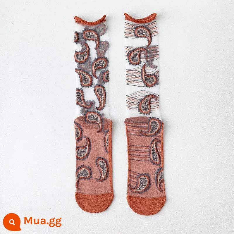 CrazySox tất nghệ thuật mới của Pháp dành cho nữ, tất thủy tinh bất đối xứng mỏng AB, tất dài đến giữa bắp chân cho nữ - Hoa điều màu cam