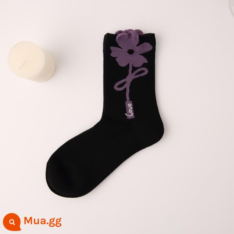 CrazySox Tất Nữ Ban Đầu Ins Xu Hướng Vừa Ống Tất Nơ Ba Chiều Hoa Đôi Tất Cotton Cờ Thỏ - Bông hoa lớn có nơ trên nền đen