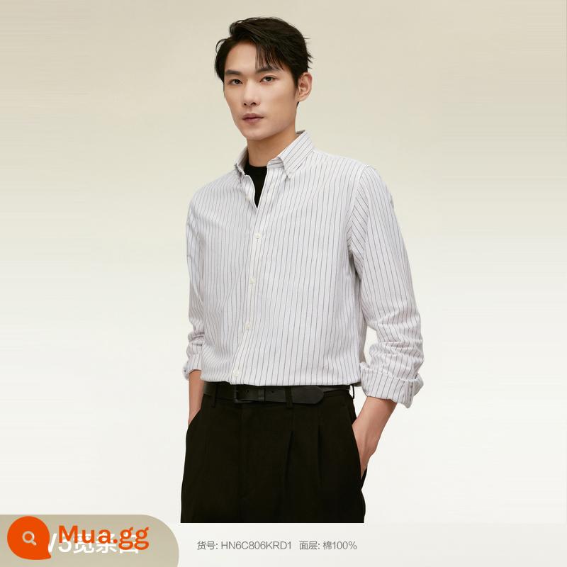 [100% Cotton] Áo Sơ Mi Đậu Đỏ Nam Dài Tay Mùa Xuân Mới Phong Cách Doanh Nhân Sọc Oxford Áo Sơ Mi Trắng - W5 sọc rộng kiểu trắng-lò xo