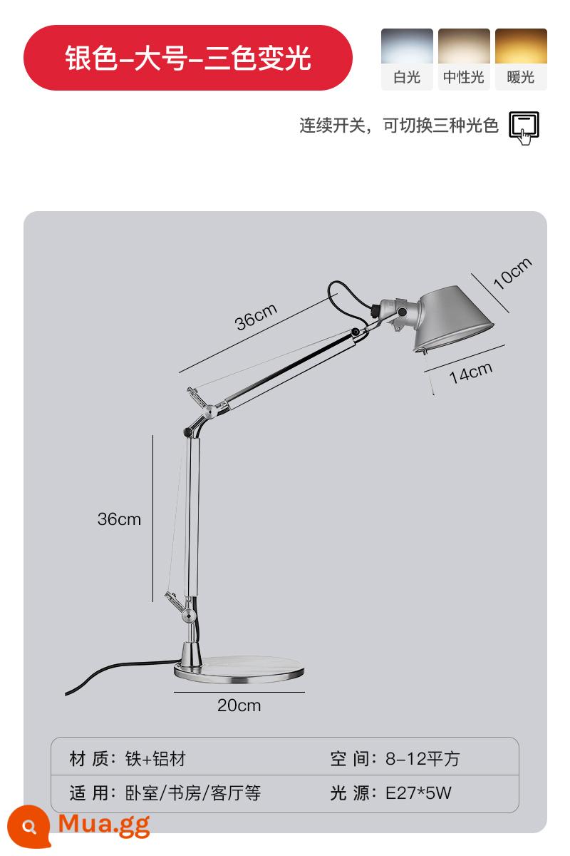 Bắc Âu Cánh Tay Dài Gấp Gọn Đèn Bàn Ý Nhà Thiết Kế Văn Phòng Để Bàn Phòng Ngủ Đèn Học Mũ Rơm Đèn Bàn - Bạc kích thước lớn-ba màu mờ