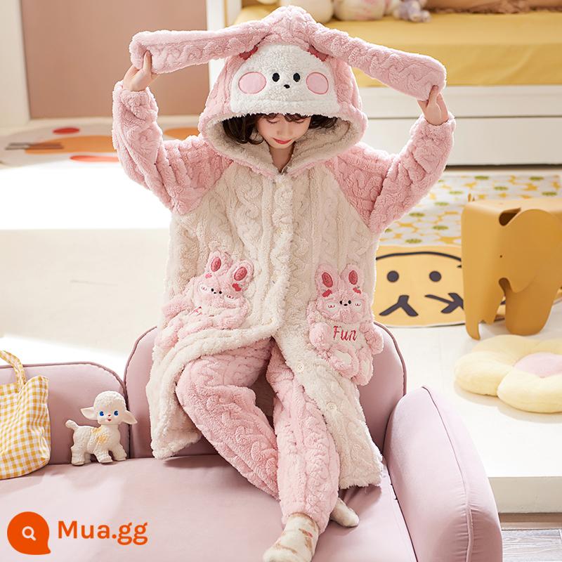 Nữ pyjamas có hương vị cho trẻ em mùa thu và mùa đông cộng với nhung dày san hô cô gái trung bình Phiên bản dài 2022 Bộ đồ quần áo gia đình - 32053[váy ngủ+quần]