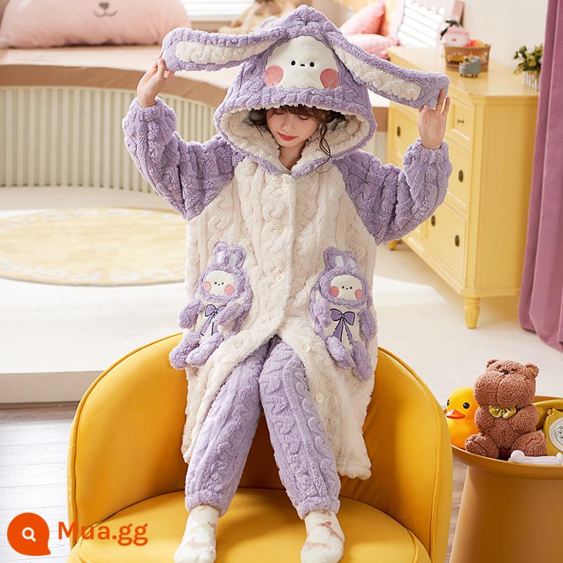 Nữ pyjamas có hương vị cho trẻ em mùa thu và mùa đông cộng với nhung dày san hô cô gái trung bình Phiên bản dài 2022 Bộ đồ quần áo gia đình - 32061[váy ngủ+quần]