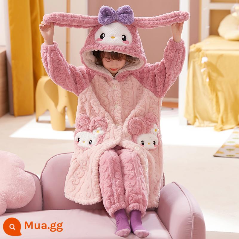 Nữ pyjamas có hương vị cho trẻ em mùa thu và mùa đông cộng với nhung dày san hô cô gái trung bình Phiên bản dài 2022 Bộ đồ quần áo gia đình - 32083[váy ngủ+quần]