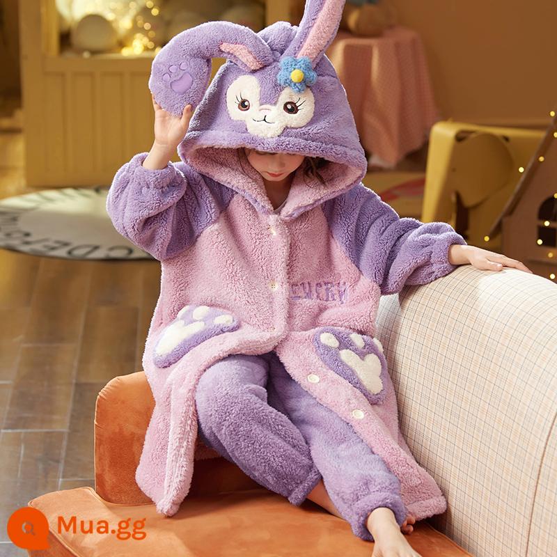 Nữ pyjamas có hương vị cho trẻ em mùa thu và mùa đông cộng với nhung dày san hô cô gái trung bình Phiên bản dài 2022 Bộ đồ quần áo gia đình - 33802[áo ngủ+quần]