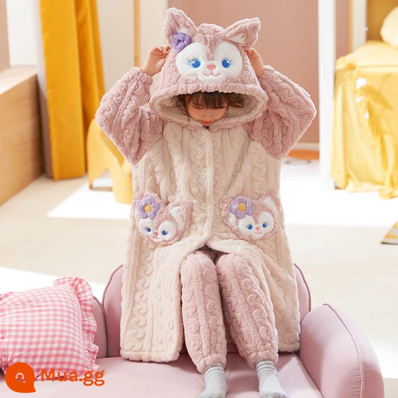 Nữ pyjamas có hương vị cho trẻ em mùa thu và mùa đông cộng với nhung dày san hô cô gái trung bình Phiên bản dài 2022 Bộ đồ quần áo gia đình - 32085[áo ngủ + quần]