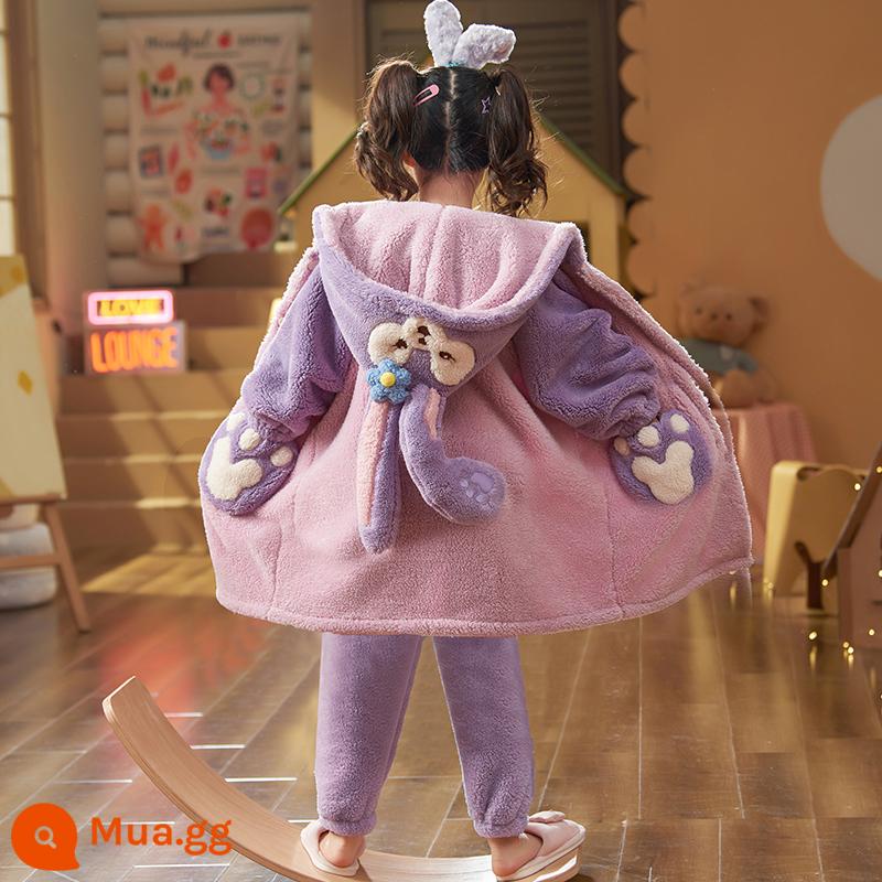 Nữ pyjamas có hương vị cho trẻ em mùa thu và mùa đông cộng với nhung dày san hô cô gái trung bình Phiên bản dài 2022 Bộ đồ quần áo gia đình - 33734[Phiên bản dài vừa phải + quần]