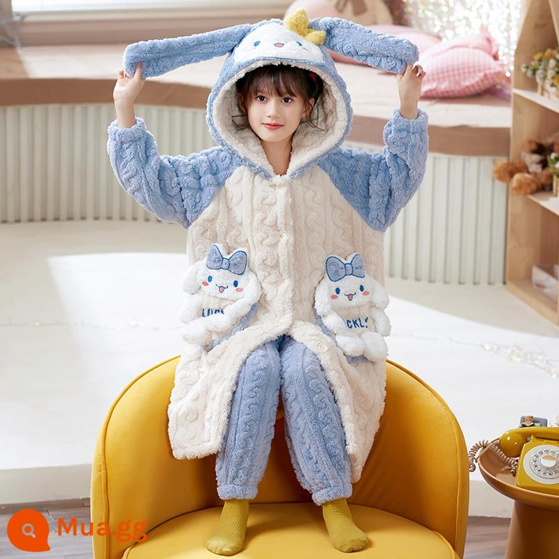 Nữ pyjamas có hương vị cho trẻ em mùa thu và mùa đông cộng với nhung dày san hô cô gái trung bình Phiên bản dài 2022 Bộ đồ quần áo gia đình - 32009[áo ngủ+quần]