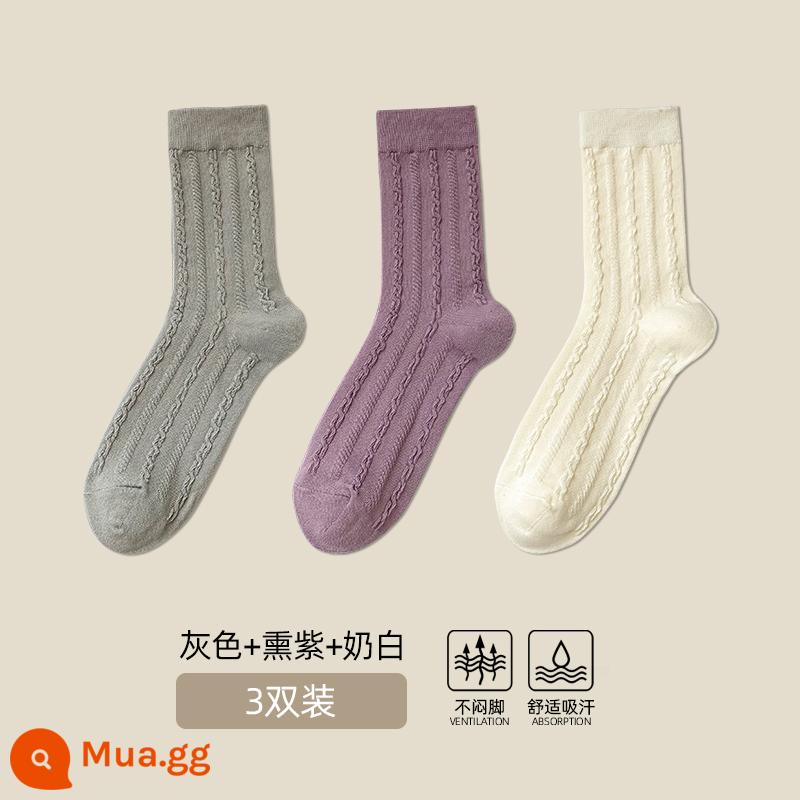 Tất Cotton Tân Cương Nữ Xuân Thu Dài Đa Năng Tất Cotton Giữa Ống Tất 3 Đôi Phong Cách Hàn Quốc Cao Đẳng bong Bóng Tất - [Bông Tân Cương] Tất nữ dài đến bắp chân (xám + tím khói + trắng sữa)