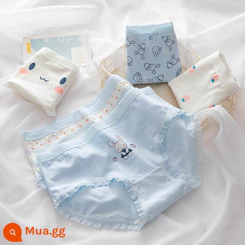 Quần lót cotton nguyên chất bé gái, tam giác trẻ em lớn, trẻ em học sinh, quần short cotton 100% không véo mông cho bé gái - Thỏ Xanh [5 Gói Thân Thiện Với Da]