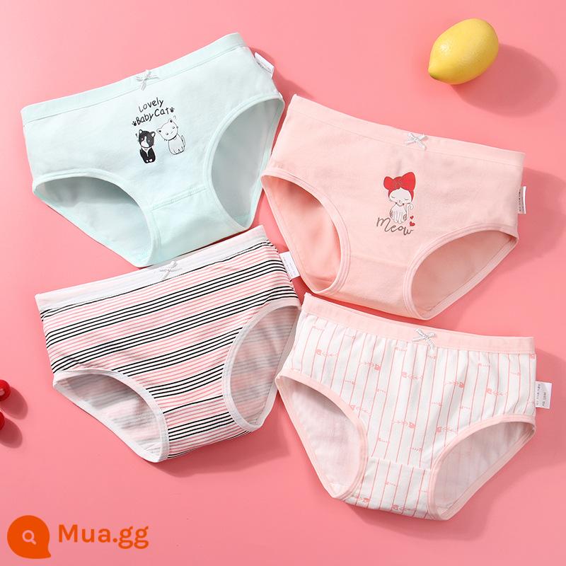 Đồ lót cotton nguyên chất cho bé gái, bé trai lớn, học sinh, quần đùi boxer tam giác trẻ em, bé gái 100% cotton không PP - Mèo con (4 gói hình tam giác)