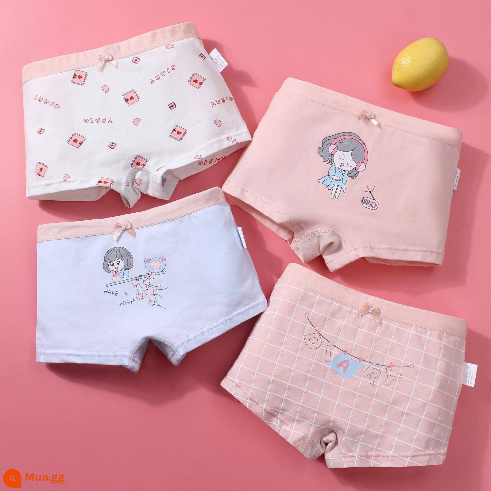 Đồ lót cotton nguyên chất cho bé gái, bé trai lớn, học sinh, quần đùi boxer tam giác trẻ em, bé gái 100% cotton không PP - Nhật ký ước mơ (kích thước hộp 4 miếng)