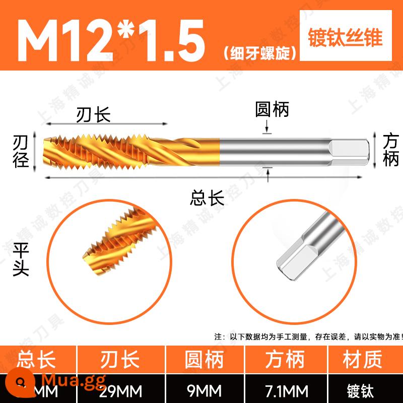 Mũi taro ren mạ titan đầu nhọn xoắn ốc chứa coban bằng thép không gỉ 34M5M6M8M10M12 máy ta rô ren ren nhập khẩu - M12*1.5 (xoắn ốc răng vàng mịn)