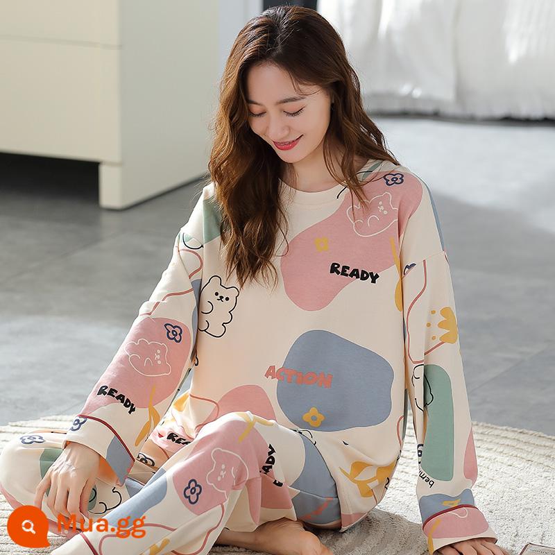 Bộ đồ ngủ Nanjiren nữ mùa xuân và mùa thu cotton nguyên chất dài tay mùa xuân mới 2023 phần mỏng dễ thương bộ quần áo mặc ở nhà phù hợp với QG - QZ7224