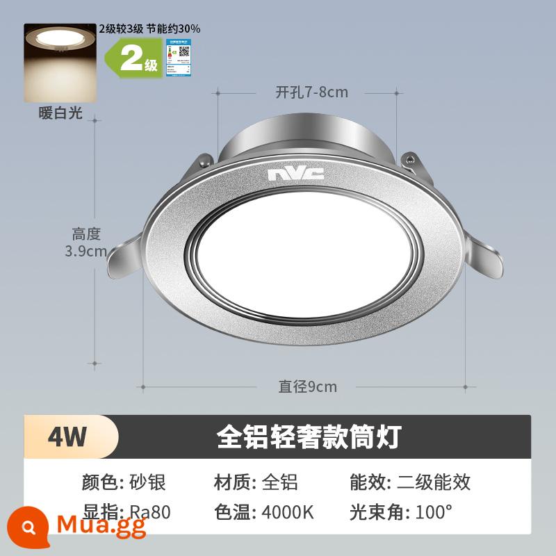 NVC chiếu sáng LED downlight siêu mỏng lỗ đèn phòng khách nhà nhúng lỗ đèn treo trần đèn ốp trần lối đi đèn sân khấu - ★Mẫu bìa cứng hoàn toàn bằng nhôm 4W cát bạc ánh sáng trắng ấm [khoan lỗ 7-8cm]