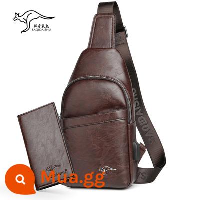 Sati Kangaroo nam Body Body Body Body Global Leather Fashion Vai vai Backpack nhỏ Backpack Cingard Shop Bag Brand Skin Brand - Màu đen có ví (có giao diện USB)