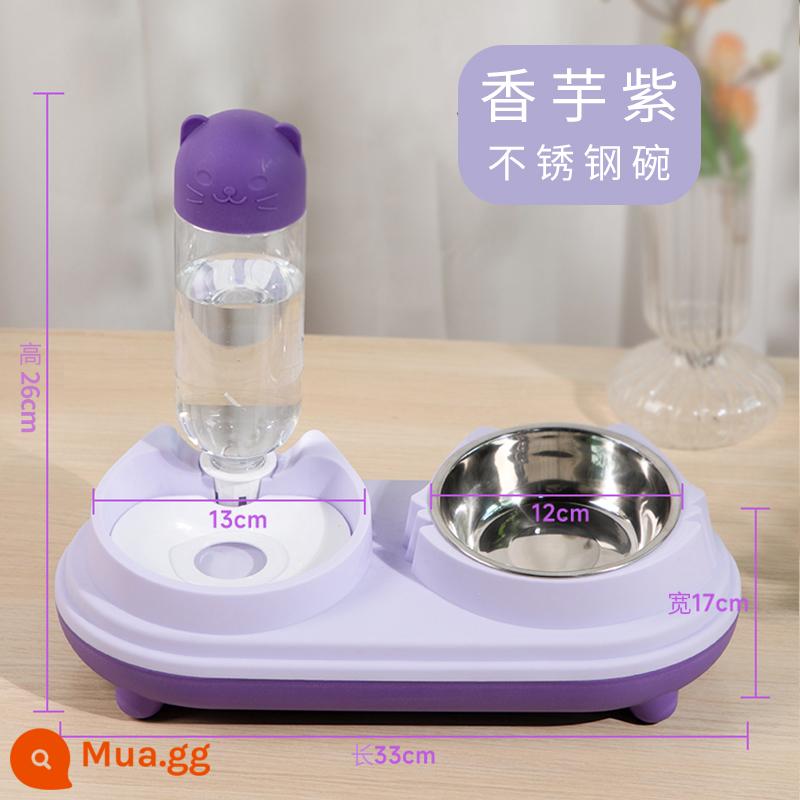 Bát cho mèo Bát đôi bằng gốm Bát uống nước tự động Lưu vực thức ăn cho mèo Pet Dog Bowl Bát cơm cho mèo uống nước cho ăn Một bát - Khoai môn Tím ((tô đơn inox + bình nạp nước 500ml)