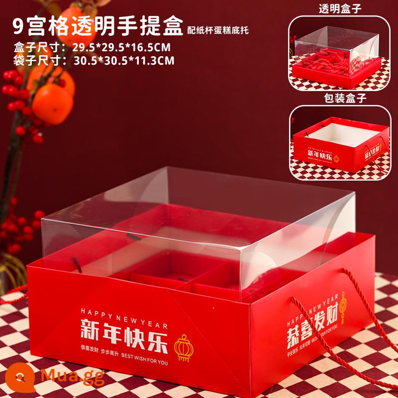 2023 Năm Mới 9 Lưới Cupcake Hộp Muffin Cup Trong Suốt Di Động Bao Bì Hộp Năm Mới Trang Trí Bánh Cắm - Vali + túi xách 9 món màu đỏ