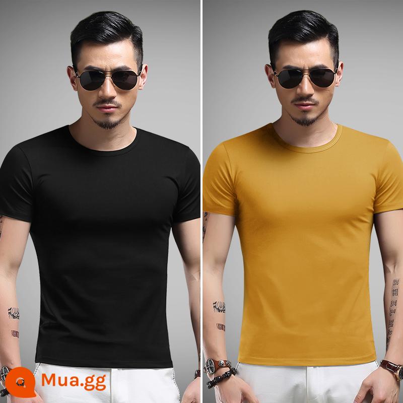 2 cái] Áo thun nam ngắn tay Modal mùa hè và mùa xuân cotton nguyên chất màu trắng bó sát áo sơ mi nửa tay bằng lụa băng màu trơn - Cổ tròn-đen + vàng