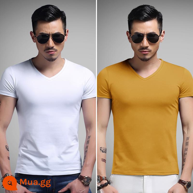 2 cái] Áo thun nam ngắn tay Modal mùa hè và mùa xuân cotton nguyên chất màu trắng bó sát áo sơ mi nửa tay bằng lụa băng màu trơn - Cổ chữ V trắng + vàng