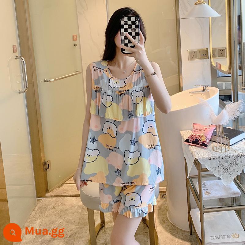 Bộ đồ ngủ chống va đập mùa hè của phụ nữ cotton lụa siêu mỏng mùa hè vest quần short không tay phù hợp với dịch vụ gia đình sinh viên - Áo chống phồng gấu nhỏ nhiều màu sắc