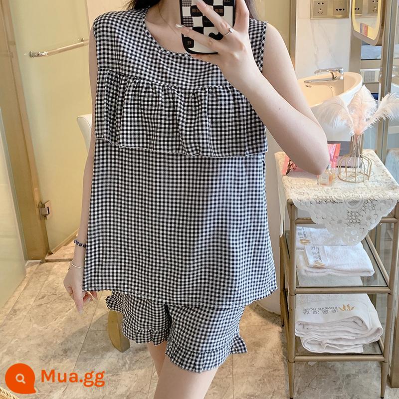 Bộ đồ ngủ chống va đập mùa hè của phụ nữ cotton lụa siêu mỏng mùa hè vest quần short không tay phù hợp với dịch vụ gia đình sinh viên - Áo vest kẻ sọc nhỏ chống phồng