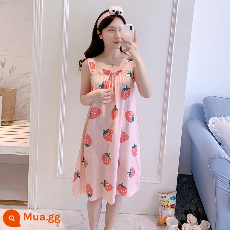 Bộ đồ ngủ cotton lụa treo quần áo ngủ nữ mùa hè băng lụa mát lạnh cô gái sinh viên ngọt ngào và dễ thương mùa hè lụa cotton gợi cảm - 669 dâu hồng