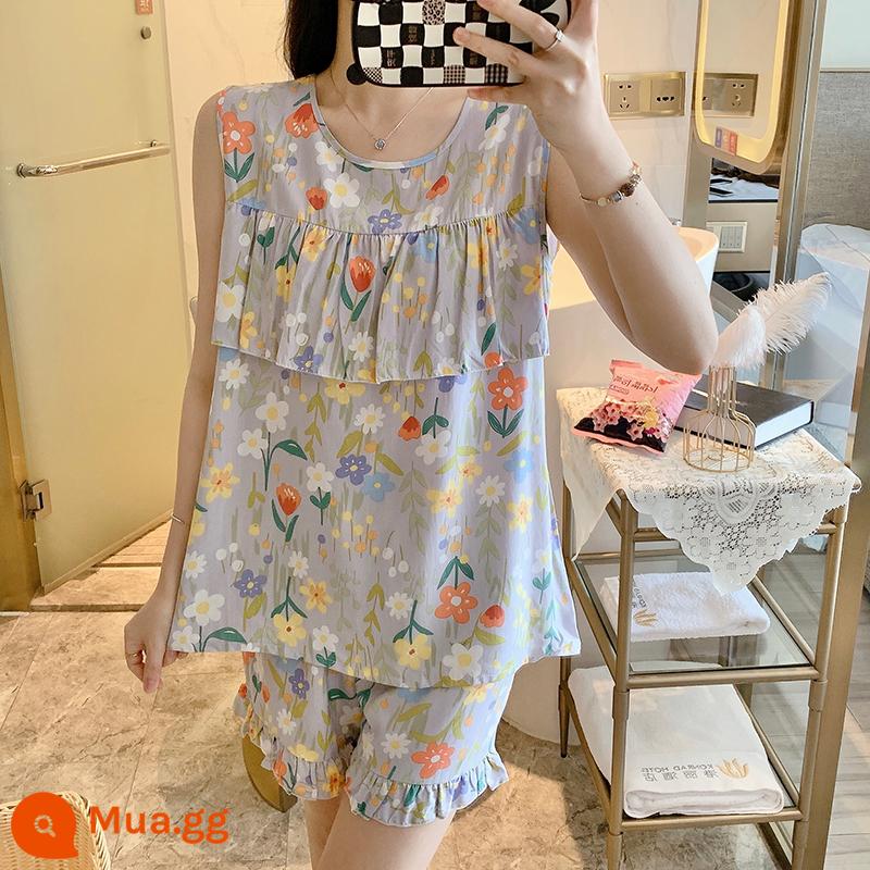 Bộ đồ ngủ chống va đập mùa hè của phụ nữ cotton lụa siêu mỏng mùa hè vest quần short không tay phù hợp với dịch vụ gia đình sinh viên - Áo vest chống phồng họa tiết hoa xanh xám