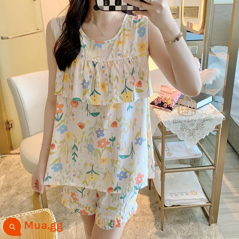 Bộ đồ ngủ chống va đập mùa hè của phụ nữ cotton lụa siêu mỏng mùa hè vest quần short không tay phù hợp với dịch vụ gia đình sinh viên - Áo bó hoa chống va đập, màu nền hồng nhạt