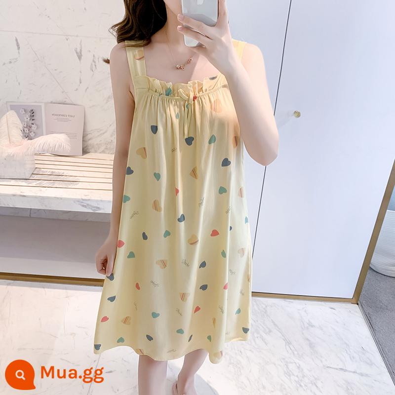 Bộ đồ ngủ cotton lụa treo quần áo ngủ nữ mùa hè băng lụa mát lạnh cô gái sinh viên ngọt ngào và dễ thương mùa hè lụa cotton gợi cảm - 669 váy ngủ dịu dàng trái tim màu vàng đào