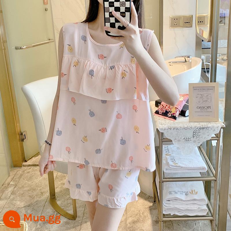 Bộ đồ ngủ chống va đập mùa hè của phụ nữ cotton lụa siêu mỏng mùa hè vest quần short không tay phù hợp với dịch vụ gia đình sinh viên - Bột củ cải chống va đập