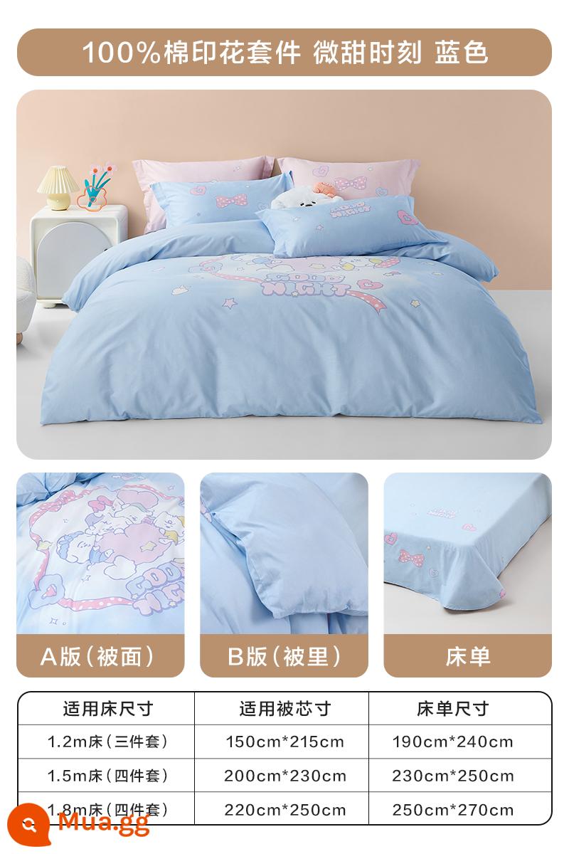 Luolai Home Textile & Naiva Đồng thương hiệu Cotton thân thiện với làn da Bộ chăn ga gối đệm - [100% Cotton + Đồng thương hiệu Neva] Một chút ngọt ngào-Xanh lam