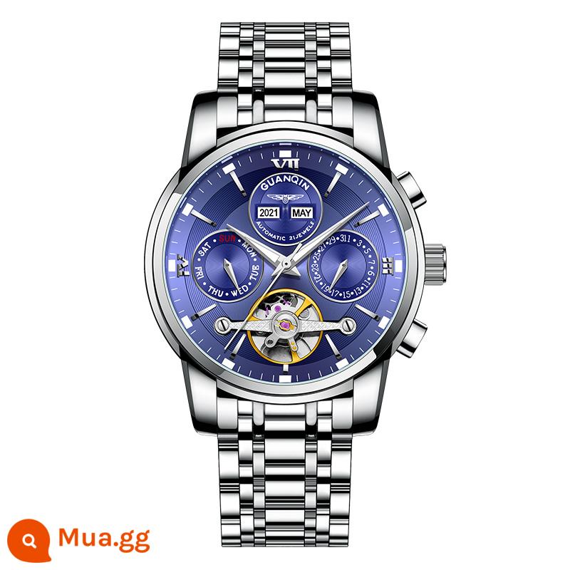 Chính Hãng Guanqin Nam Đồng Hồ Cơ Tự Động Tourbillon Rỗng Chống Thấm Nước Dạ Quang Triều Đồng Hồ Nam Dây Thép Không Gỉ - Bề mặt thép không gỉ màu xanh