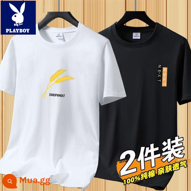 Áo thun tay ngắn Playboy nam mùa hè mới Áo thun cotton trắng nam cổ tròn top đáy áo sơ mi xu hướng - [2 cái 832 trắng + 831 đen]