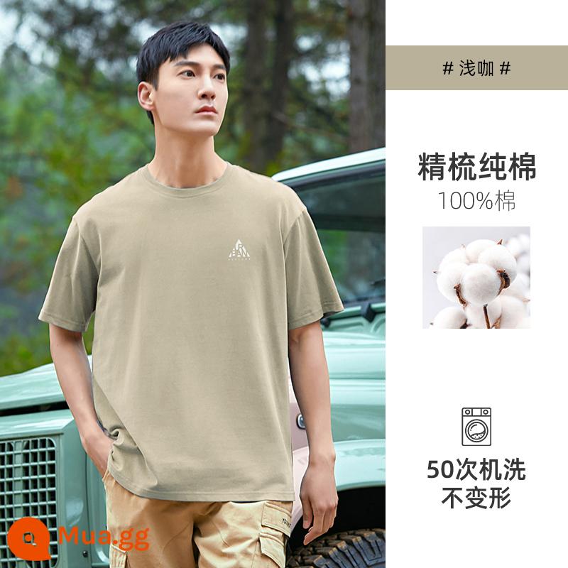 Trailblazer 2023 cotton mùa hè áo thun ngắn tay quần áo nam áo thun nửa tay cổ tròn nửa tay màu xanh - Cà phê nhẹ - họa tiết tam giác