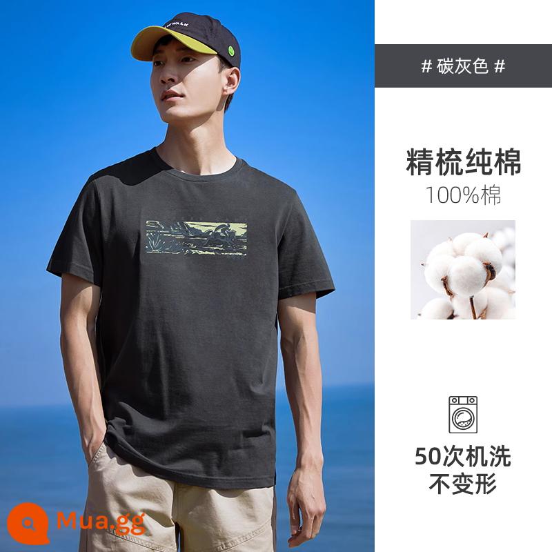 Trailblazer 2023 cotton mùa hè áo thun ngắn tay quần áo nam áo thun nửa tay cổ tròn nửa tay màu xanh - Ngựa xám carbon giẫm lên Feiyan