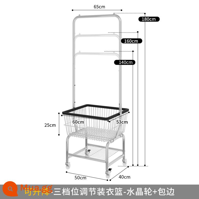 Màn hình hiển thị cửa hàng quần áo di động đứng trên sàn đặc biệt của phụ nữ treo màn hình quần áo có bánh xe mua sắm xe đẩy giá - [Điều chỉnh ba tốc độ] Giỏ đựng quần áo [bạc sáng bóng + cạnh + bánh xe pha lê] bánh xe pha lê