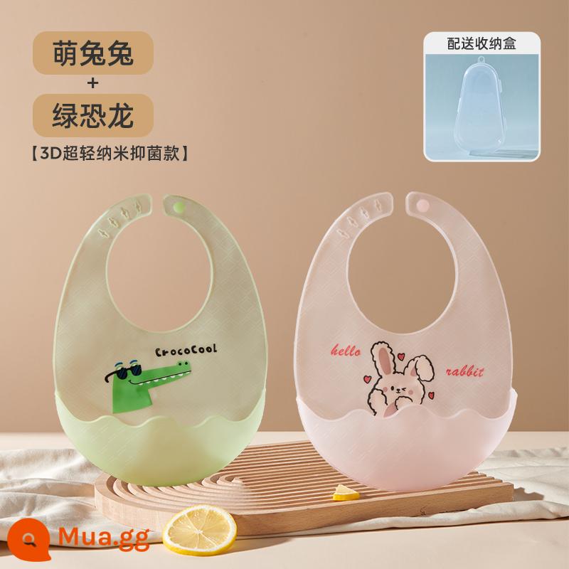 Jingqi bé không chủ yếu thực phẩm yếm có dây đeo cho bé ăn yếm silicone chống thấm nước ăn yếm có dây đeo túi mềm trẻ em bú túi - [2 gói - 3D siêu mỏng] Khủng long xanh + Thỏ dễ thương