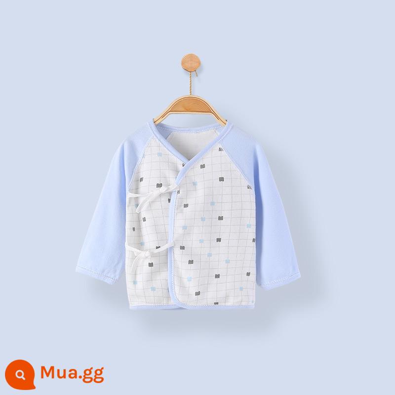 Quần áo sơ sinh cotton nguyên chất tay dài nửa lưng bé sơ sinh áo nhà sư quần áo mùa xuân quần lót - ca rô màu xanh