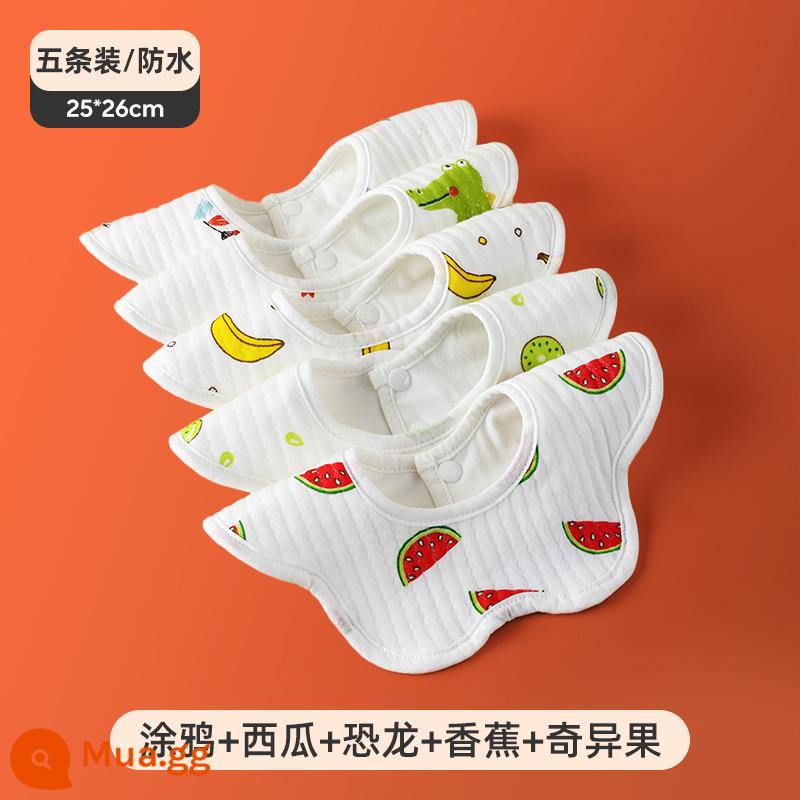 Jingqi nước bọt khăn Yếm cho bé cotton chống thấm sơ sinh nam Yếm cho bé túi nước bọt có thể xoay được mùa thu đông - [Gói 5 sản phẩm] Graffiti 6 lớp cotton nguyên chất + dưa hấu + khủng long + chuối + kiwi