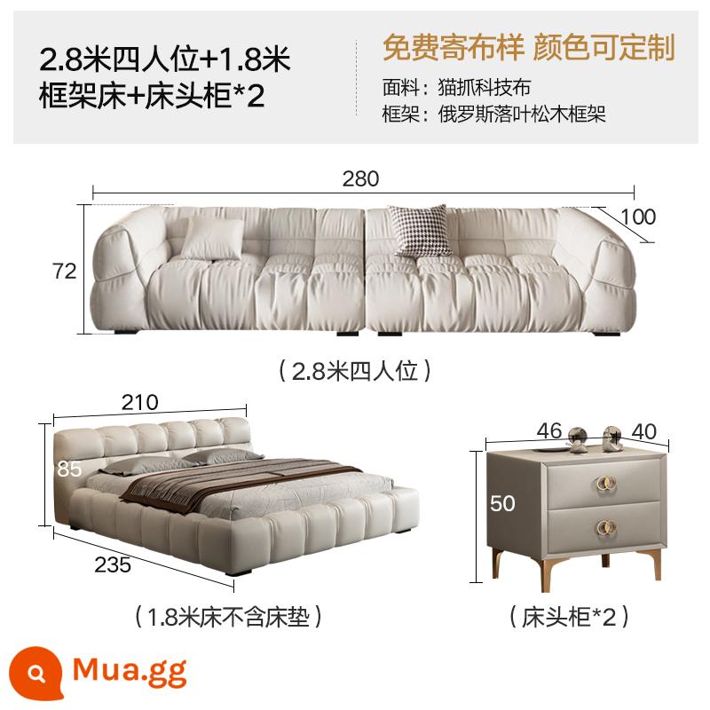 Mây sofa phòng khách công nghệ vải phồng nhẹ sang trọng hiện đại tối giản cao su căn hộ nhỏ đậu phụ khối kem phong cách - Sofa 2,8m + giường khung 1,8m + bàn cạnh giường ngủ * 2